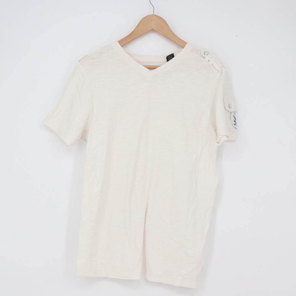 English Laundry T-Shirt Mens M Cream Slub Knit Button Shoulder Good